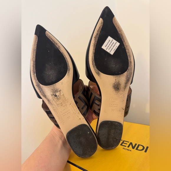 Fendi Black and Tan Leather Mules with Gold Buckle - Picture 5 of 8